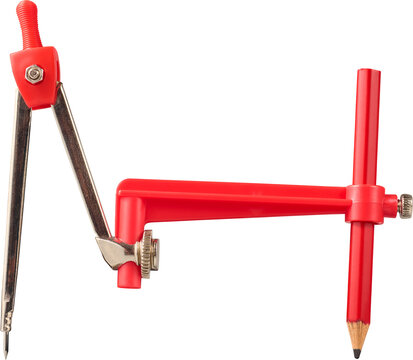 red drawing compass and pencil with extension arm isolated white background, metal drafting tool with sharp point, side view in close-up