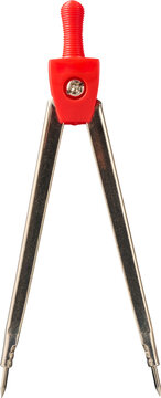 red metal drawing compass isolated white background, geometry divider tool with sharp points and plastic handle, side view