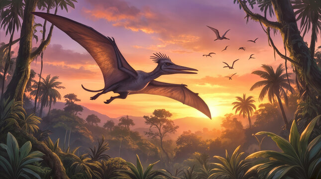 Pterosaurs flying over prehistoric tropical jungle at sunset. Pterodactyl flock soaring through orange sky above lush palm trees in ancient landscape.