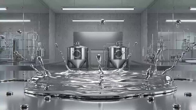 Futuristic footage of a liquid chrome metal splash in a modern industrial laboratory.