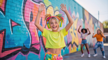 Fototapeta premium Group of diverse preteen girls dancing and listening to music in front of colorful graffiti wall. Youth culture and urban lifestyle concept.