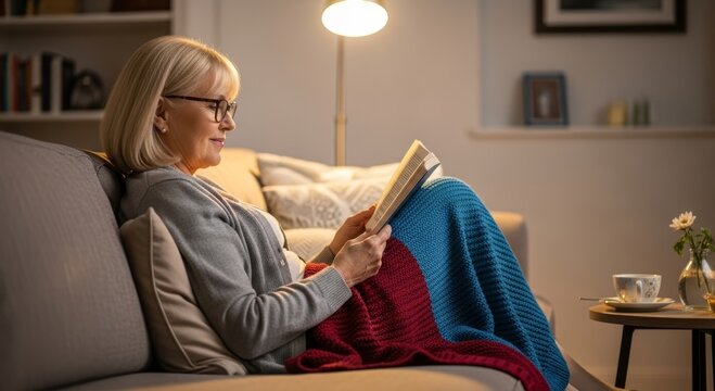 Mature woman reading a book on a comfortable sofa under a warm lamp. Relaxation, quiet evening, home interior, leisure, comfort and personal wellbeing concept.