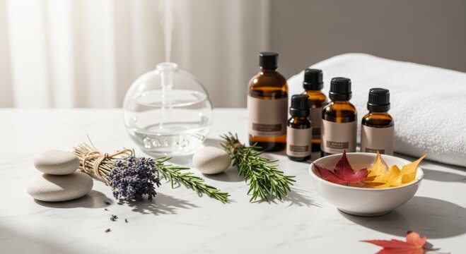 Natural aromatherapy and spa still life with essential oil bottle, herbs, lavender, stones, glass bowl and autumn leaves for wellness and relaxation concept