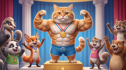 Naklejka premium Muscular ginger cat celebrating victory on winner podium. Anthropomorphic feline bodybuilder with gold medal posing for crowd of animal fans in stadium.