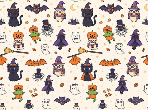 Cute halloween pattern with cats frogs owls and bats seamless vector illustration