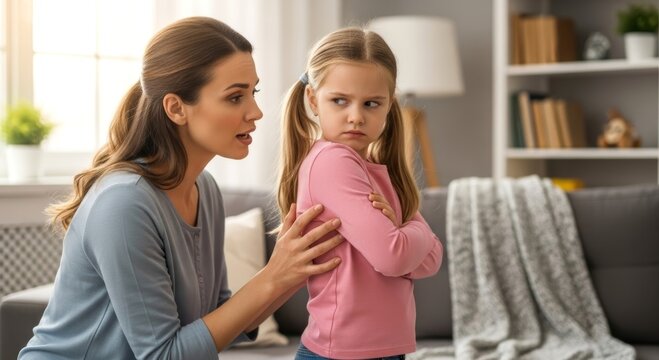 Mother talking with upset daughter at home. Family communication, parenting, childhood emotions, emotional support and conflict resolution concept.