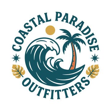 Coastal Paradise Outfitters vintage retro emblem logo vector with big ocean wave palm tree sun and monstera leaves isolated on white background