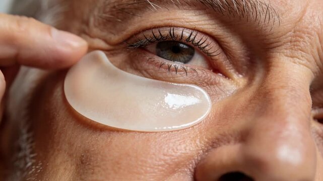Bringing hydrogel patch under eye senior man applying with thumb and index finger vanity hydrating