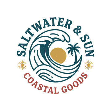 Saltwater and Sun Coastal Goods vintage retro emblem logo vector with big ocean wave sun palm tree and sunburst elements isolated on white background