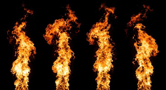 Four distinct columns of vibrant orange and yellow fire flames on black background.