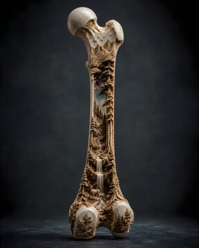 Intricately carved human femur bone, miniature landscape sculpture on anatomical bone, artistic skeletal relief with forest and waterfall