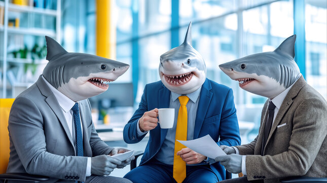 Shark-headed professionals in formal suits discussing documents during meeting in modern office. Concept of aggressive business tactics and corporate competition.