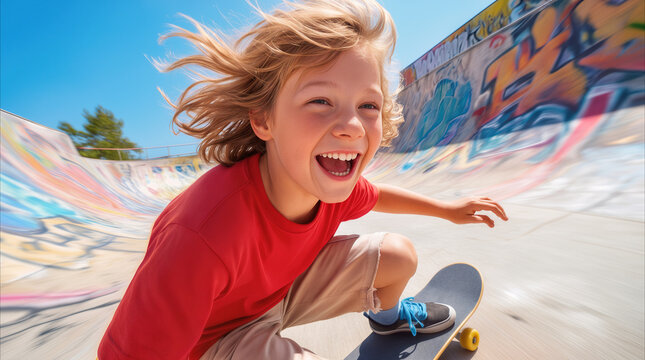 Laughing preteen boy riding skateboard in concrete park. Active youth lifestyle and outdoor sports recreation.