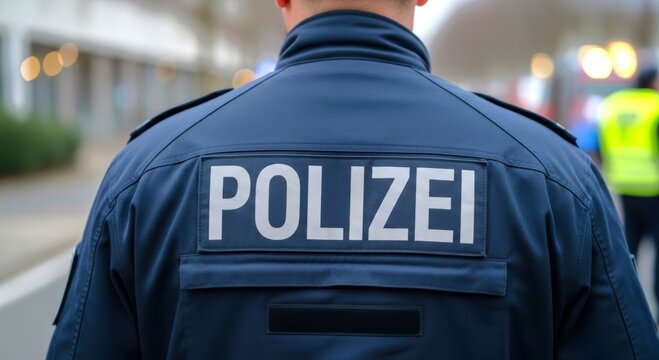 Police officer viewed from behind wearing a uniform on a city street. Law enforcement, public safety, urban security and emergency service concept.