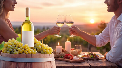 Naklejka premium Romantic couple clinking wine glasses during sunset dinner at vineyard. Heterosexual man and woman enjoying outdoor date with white wine, candles, and fresh grapes on wooden table.