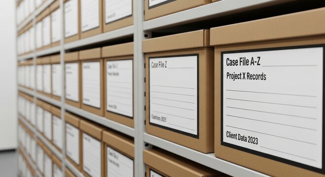 Rows of labeled archive boxes on shelving. Organized document storage system for records management, filing, data preservation, office administration, and information organization.