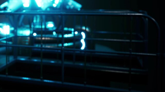 A metal railing is seen in a dimly lit space. Blue lights glow from an unseen source nearby, creating an interesting contrast in the room. The area appears industrial and modern.