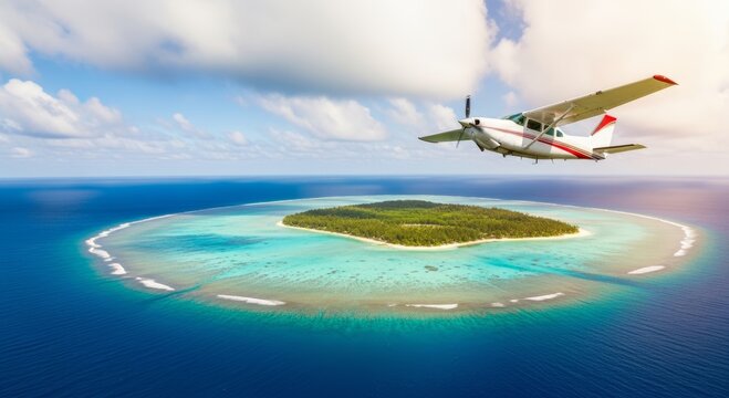 Small airplane flying over tropical island and turquoise lagoon. Aerial travel adventure, exotic vacation destination, island tourism, freedom and remote paradise concept.