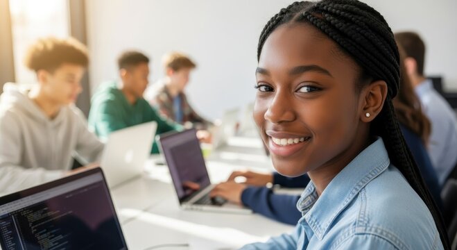 Smiling African American woman coding with laptop in collaborative classroom. Diverse students learning programming and computer science in bright educational workspace. Technology training concept.
