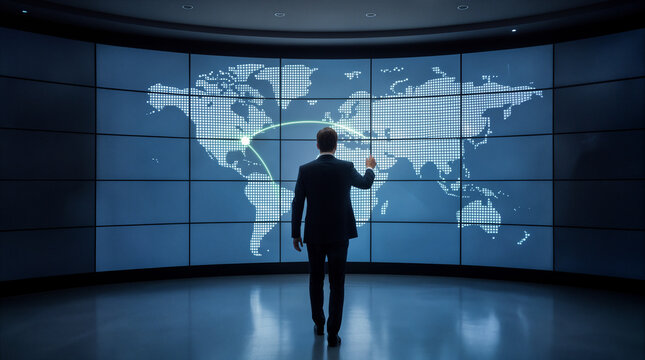 Executive monitoring global logistics operations on large digital world map screen in futuristic control center.