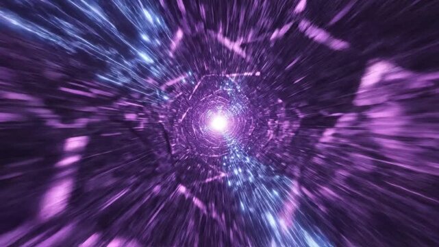 Futuristic purple wormhole tunnel traveling through deep space dimensions
