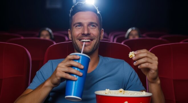 Smiling man enjoying popcorn and a drink while watching a movie in a cinema. Entertainment, leisure and joyful theater experience with dramatic screen lighting.