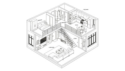 Fototapeta premium Isometric house plan vector illustration with cross section view of kitchen bedroom bathroom and living room interior