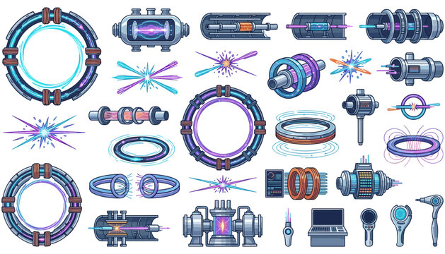 Futuristic vector collection of particle accelerators, magnetic ring colliders, quantum energy portals, and high-tech scientific laboratory equipment for research designs.