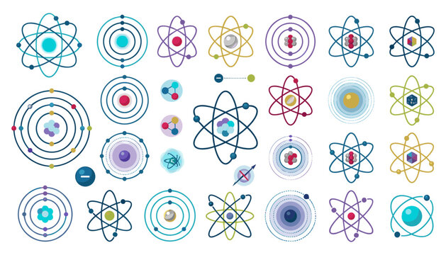 Vector flat icon set of colorful atomic structures, electron orbital shells, proton nucleus models, and quantum physics symbols for educational designs.