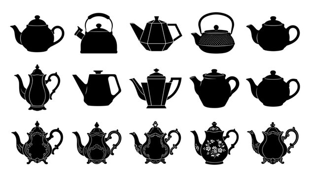 Teapot silhouette icon vector set featuring traditional ceramic kettle and vintage ornate tea party elements
