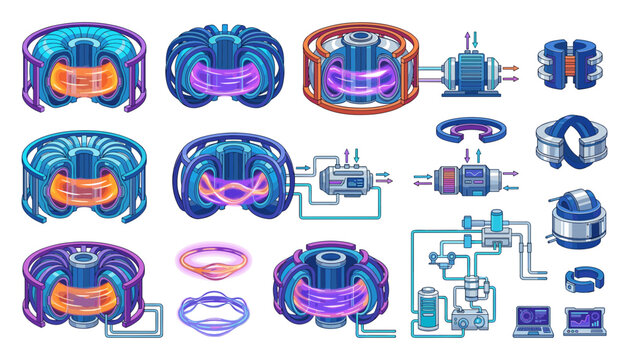 Futuristic vector illustration set of nuclear fusion reactors, cross-section tokamak chambers, plasma magnetic rings, and energy generators for scientific tech layouts.
