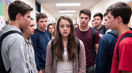 Obraz premium Bullied teenage girl standing in school hallway while classmates watch. Social exclusion and peer pressure among students in high school corridor.