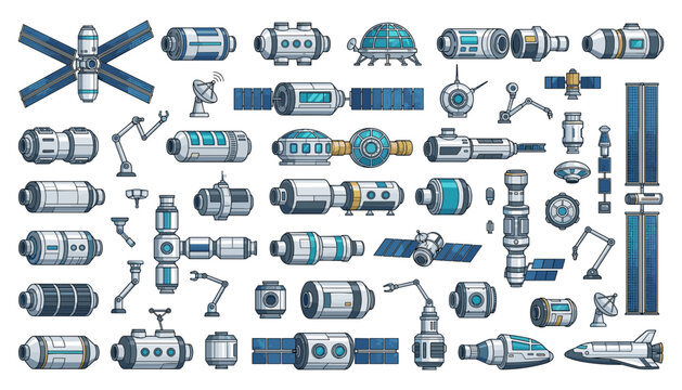 Vector set of international space station modules, communications satellites, robotic arms, and orbital technology components for outer space exploration designs.