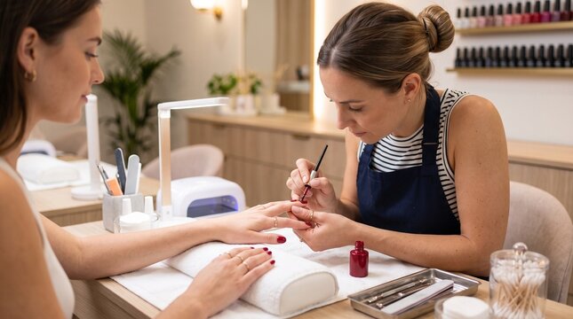 Professional nail technician applying red nail polish to a client's fingernail in a bright salon setting