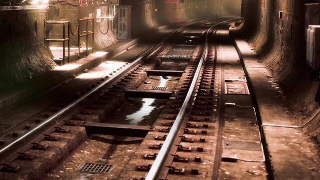 Train tracks are seen in a dark underground tunnel. The walls reflect small lights. Water pools near the tracks. The atmosphere feels damp and industrial. The scene shows urban infrastructure.