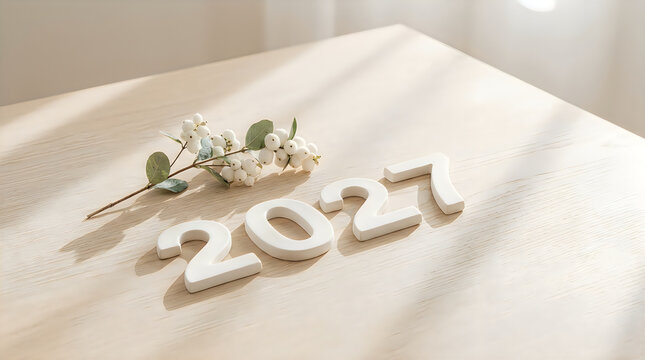 White numbers 2027 with a small sprig of white berries on a light wooden table surface