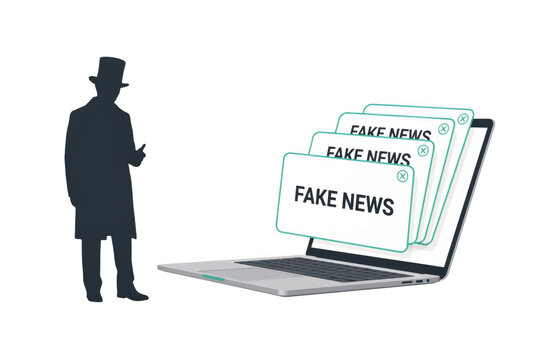 A shadowy figure directing multiple pop-up windows displaying fake news on a laptop screen