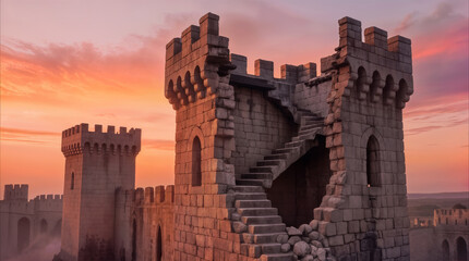 Naklejka premium Ancient stone castle ruins featuring crumbling tower with exposed spiral staircase at sunset. Historical fortress architecture under vibrant orange sky.