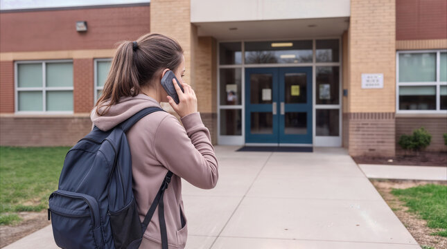 Student talking on smartphone while walking toward school building entrance. Education and communication concept.