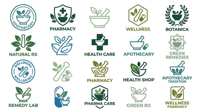 Medical and Herbal Logo Collection: A compilation of various emblem designs featuring symbols like pestle and mortar, cross, leaf, and capsule, representing pharmacy, apothecary, natural remedies.