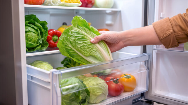 Fresh romaine lettuce being placed into refrigerator drawer. Healthy eating habits and food storage organization at home.