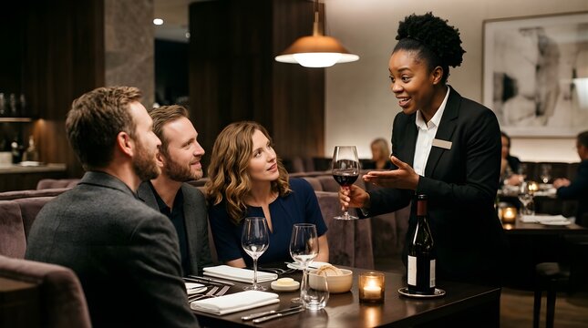 Female sommelier presenting red wine to guests at an upscale restaurant