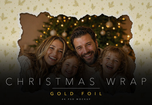 Christmas Wrapping Paper Photo Frame Mockup - Torn Gold Foil Gift Wrap Border Overlay for Family Photos & Holiday Marketing, Editable PSD