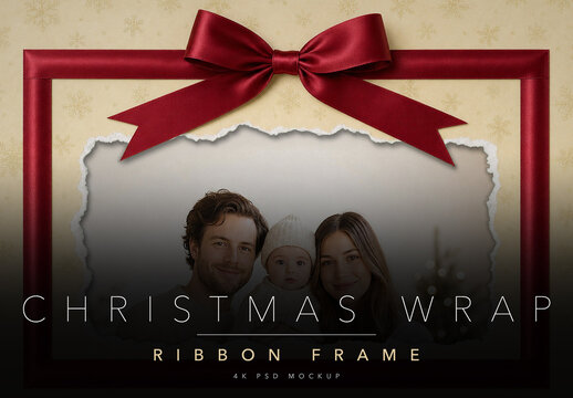 Christmas Wrapping Paper Frame Mockup - Torn Paper Photo Frame with Burgundy Satin Ribbon and Bow, Family Christmas Card Photo Template, Editable PSD