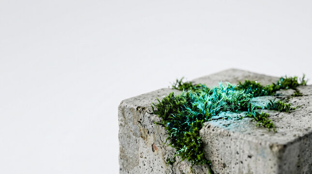 A concrete cube with vibrant green moss growing from its crevice, illuminated by a soft blue light, symbolizing resilience and nature's persistence in urban environments.