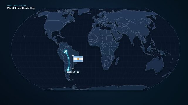 Digital world map footage displaying an international travel route from Argentina to Colombia with highlighted locations and a connecting flight path