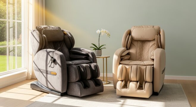 Two massage chairs in a bright living room beside a window and orchid. Home wellness furniture for relaxation, comfort, therapy, and interior design.
