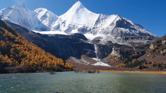 Snow-Capped Mount Xiannairi and Pearl Lake in Autumn, Yading China