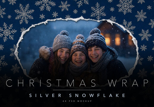 Christmas Wrapping Paper Photo Frame Mockup - Torn Navy Silver Snowflake Gift Wrap with Oval Cut Out Frame for Family Photos & Holiday Marketing, Editable PSD