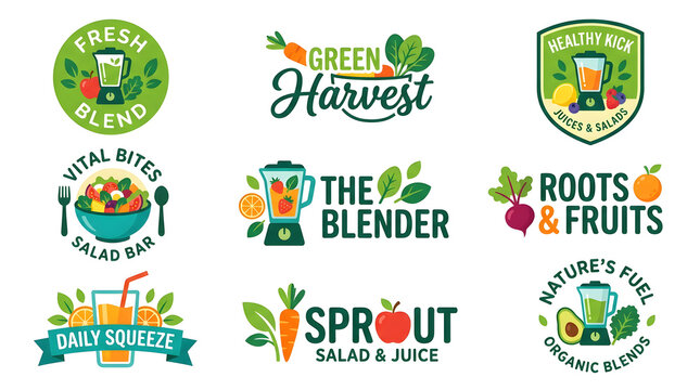 Healthy Harvest Labels: A collection of vibrant logos and badges promoting fresh juice, salad bars, and healthy blended drinks, showcasing nature's bounty and the essence of a balanced diet.
